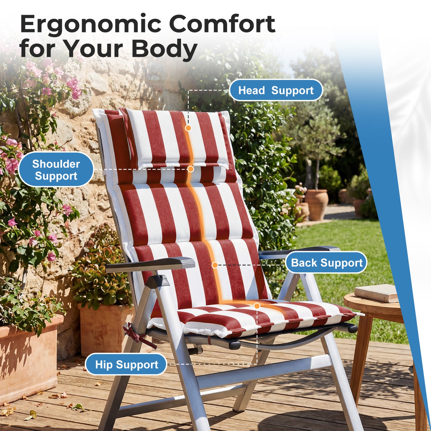 47x21x2.4 inch High Back Patio Chair Cushions with Headrest, Multi-Section, Red Stripe