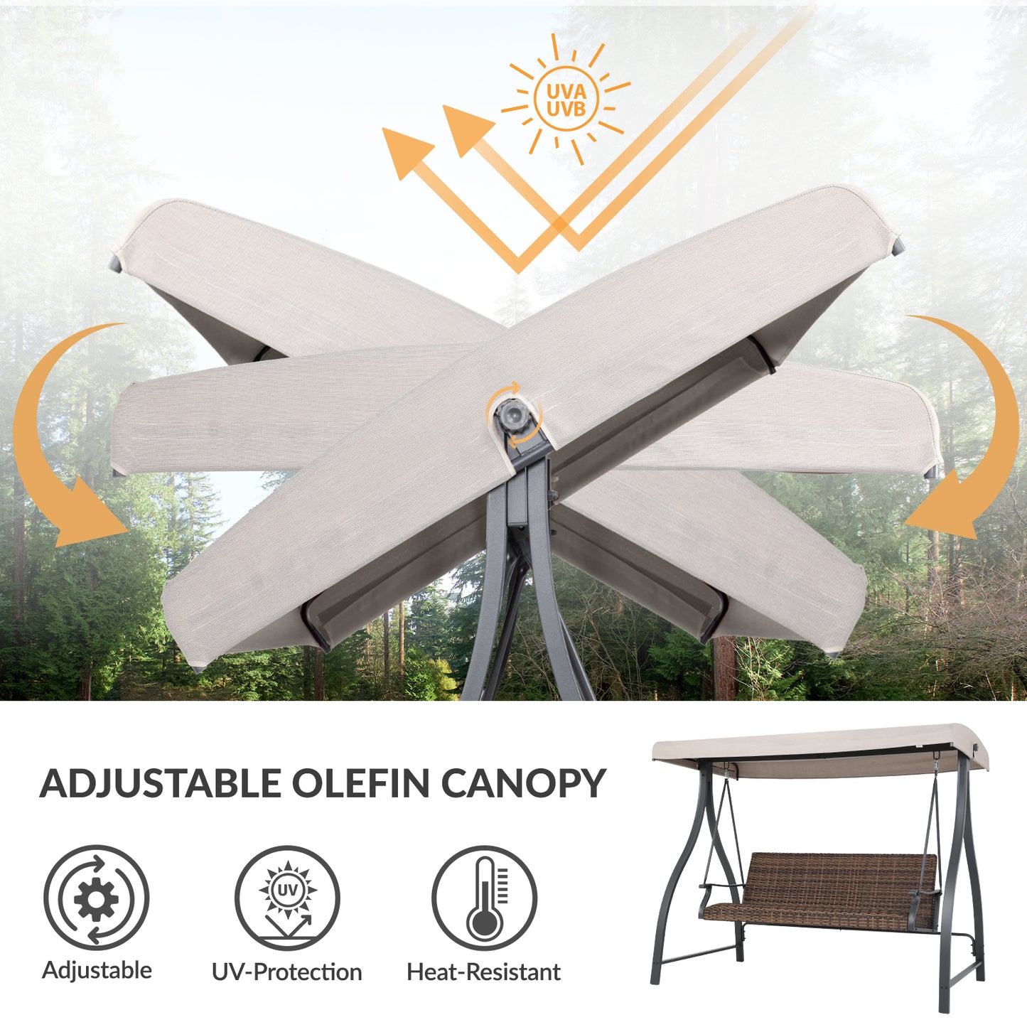 3-Seat Outdoor Rattan Patio Swing with Adjustable Canopy - Aoodor 