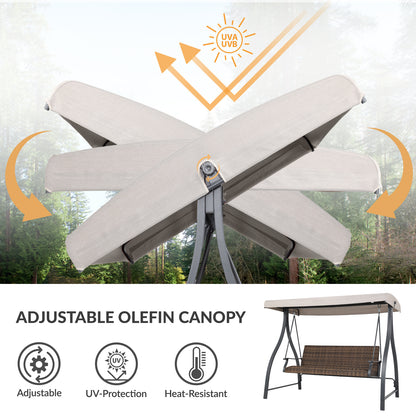 3-Seat Outdoor Rattan Patio Swing with Adjustable Canopy - Aoodor 