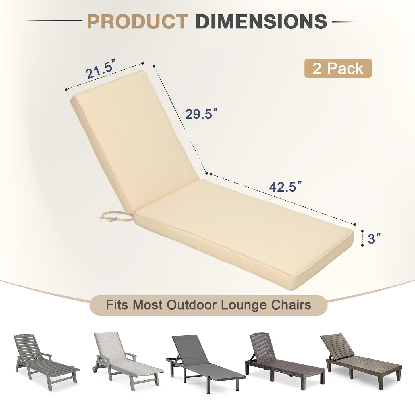 72x21x3 inch Patio Chaise Lounger Cushions Set of 2 - Beige - Aoodor 