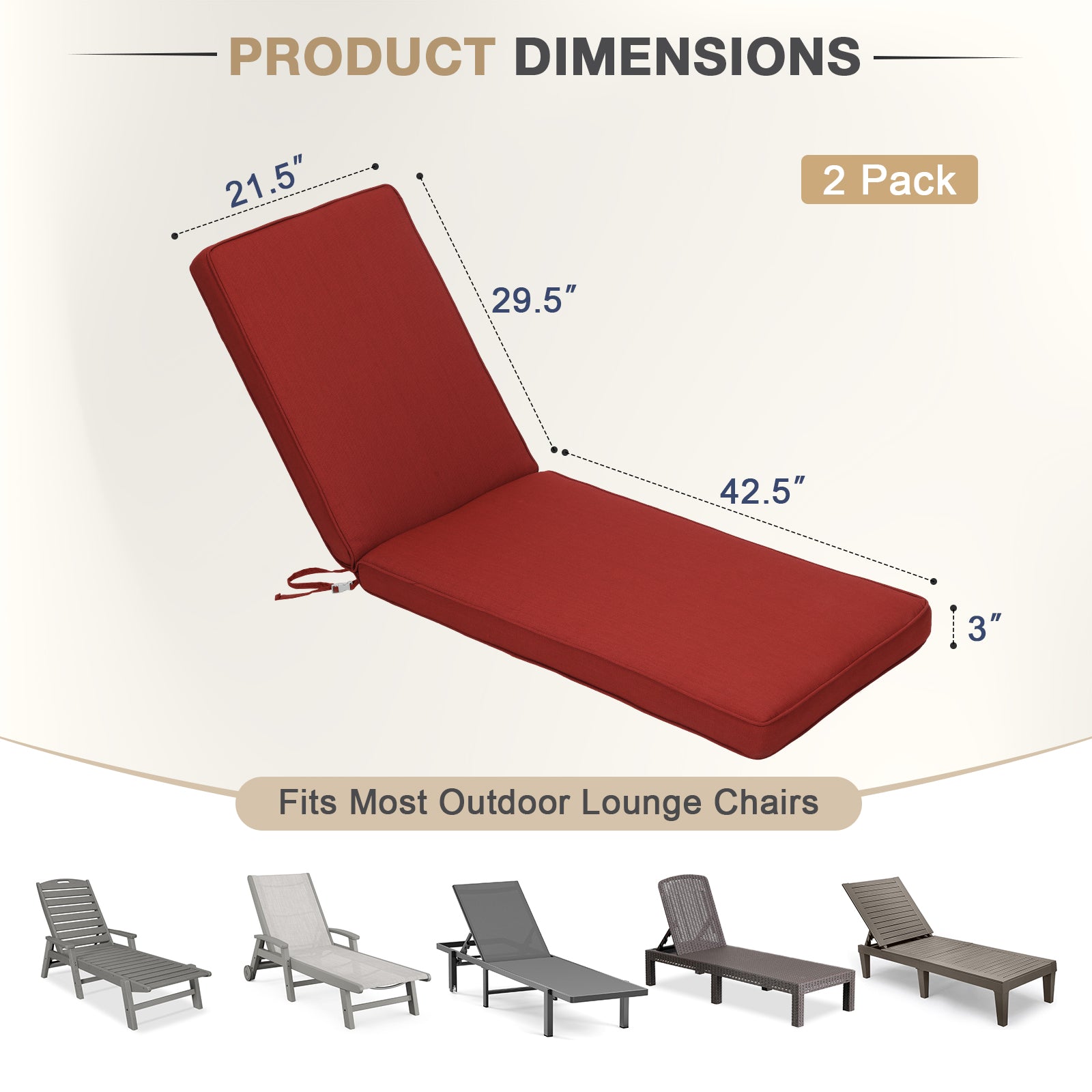 72x21x3 inch Patio Chaise Lounger Cushions Set of 2 - Wine Red - Aoodor 
