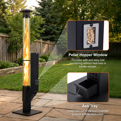 56 Inch Patio Pellet Heater Outdoor Smokeless Wood Pellet Burning Flame with Rain Cap and Viewing Window