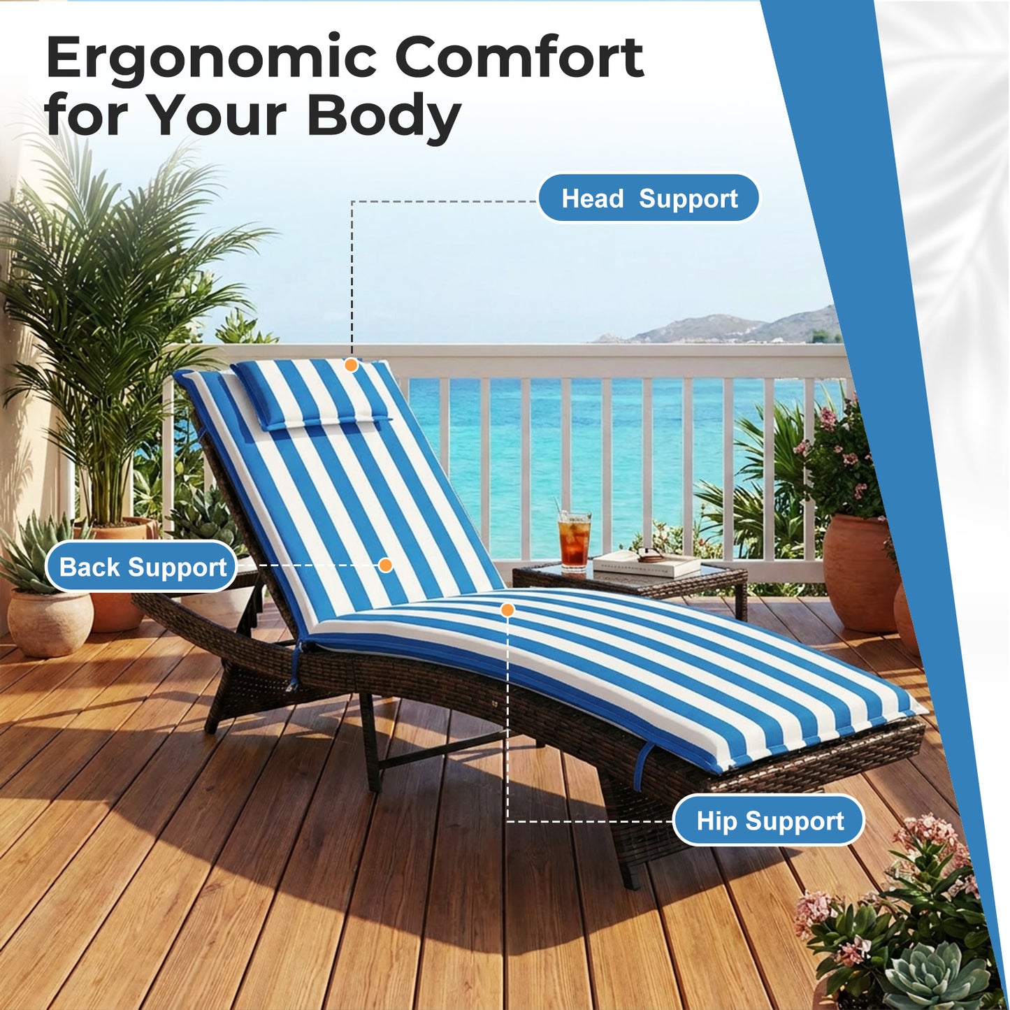 79x25x3 inch Outdoor Lounge Chair Cushion with Headrest, Blue Stripe