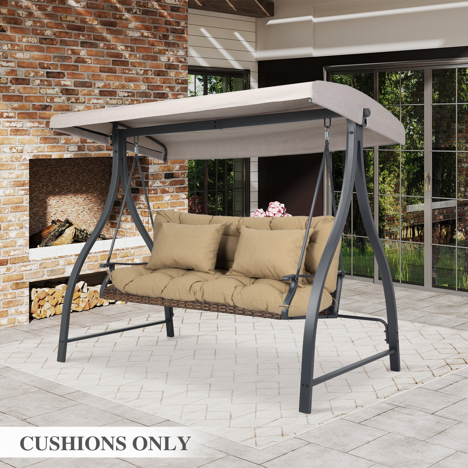 59" Tufted Porch Swing Cushions, Extra 5.1" Thick Outdoor Swing Bench Replacement Cushion with Backrest and 2 Pillows - Brown - Aoodor 