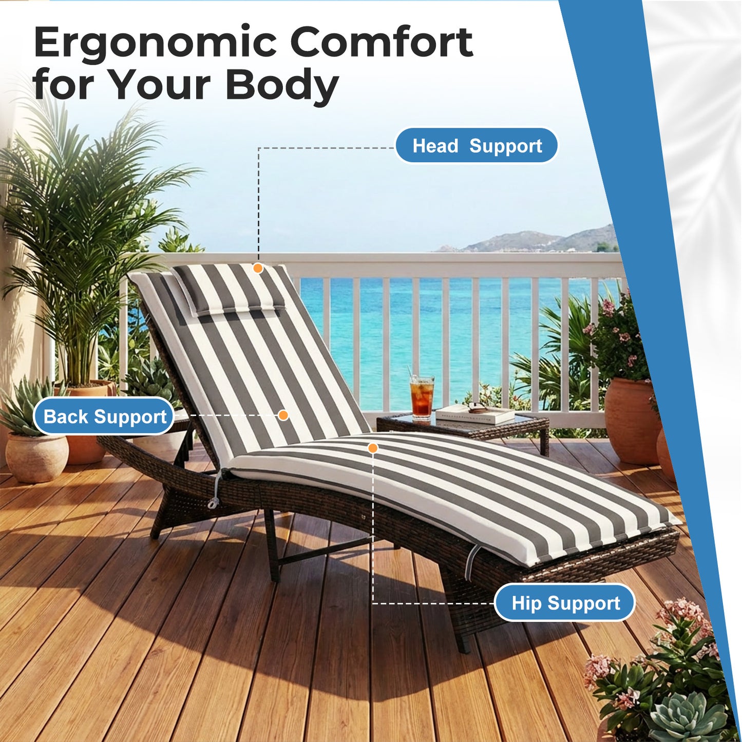 79x25x3 inch Outdoor Lounge Chair Cushion with Headrest, Grey Stripe