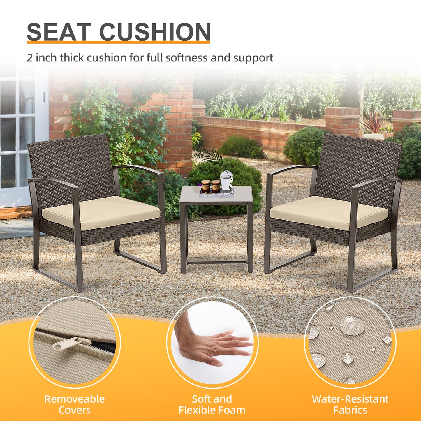 3-Piece Patio Furniture Set - Outdoor Rattan Wicker Chairs with Table, Sofa Set Including Cushions - Aoodor 