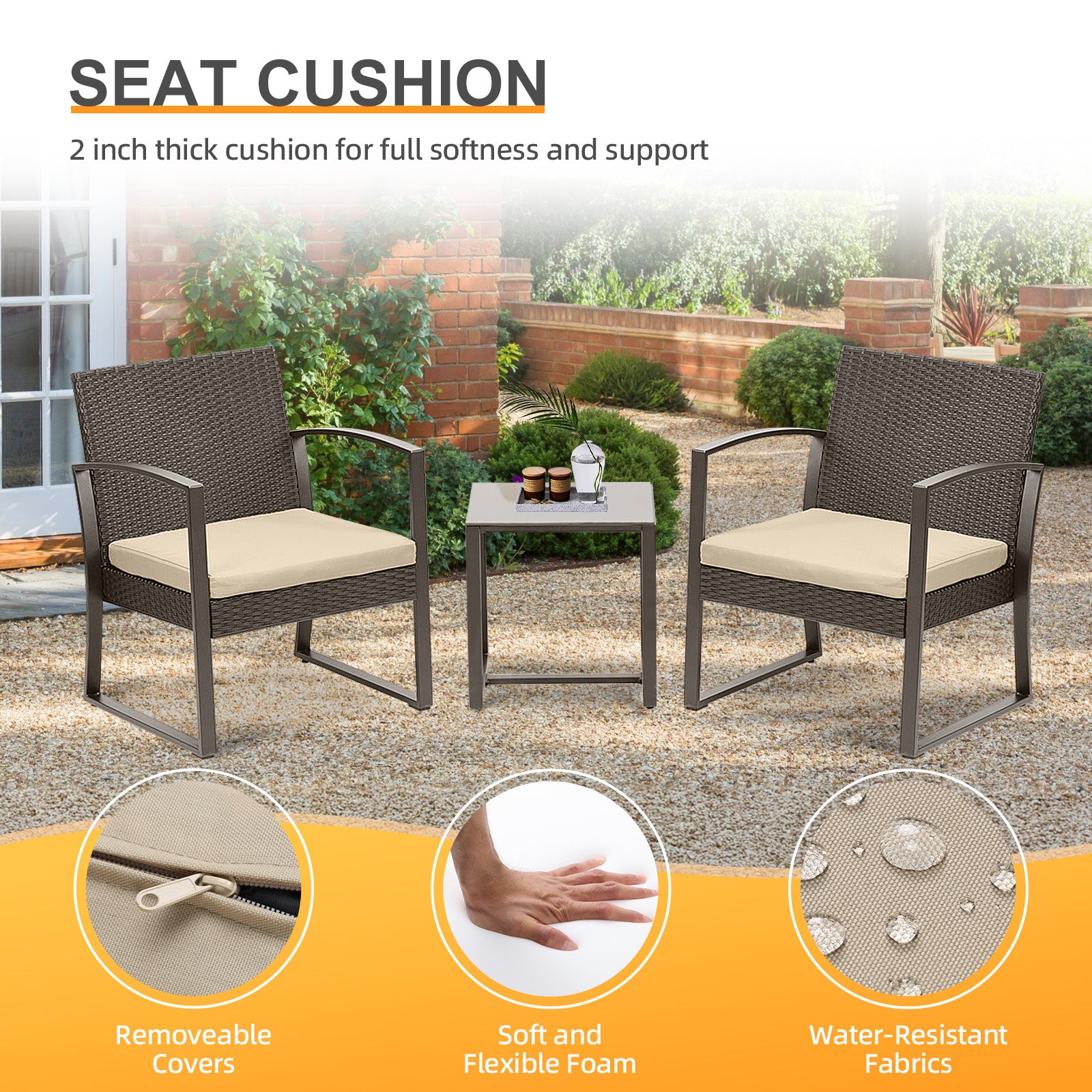 3-Piece Patio Furniture Set - Outdoor Rattan Wicker Chairs with Table, Sofa Set Including Cushions - Aoodor 