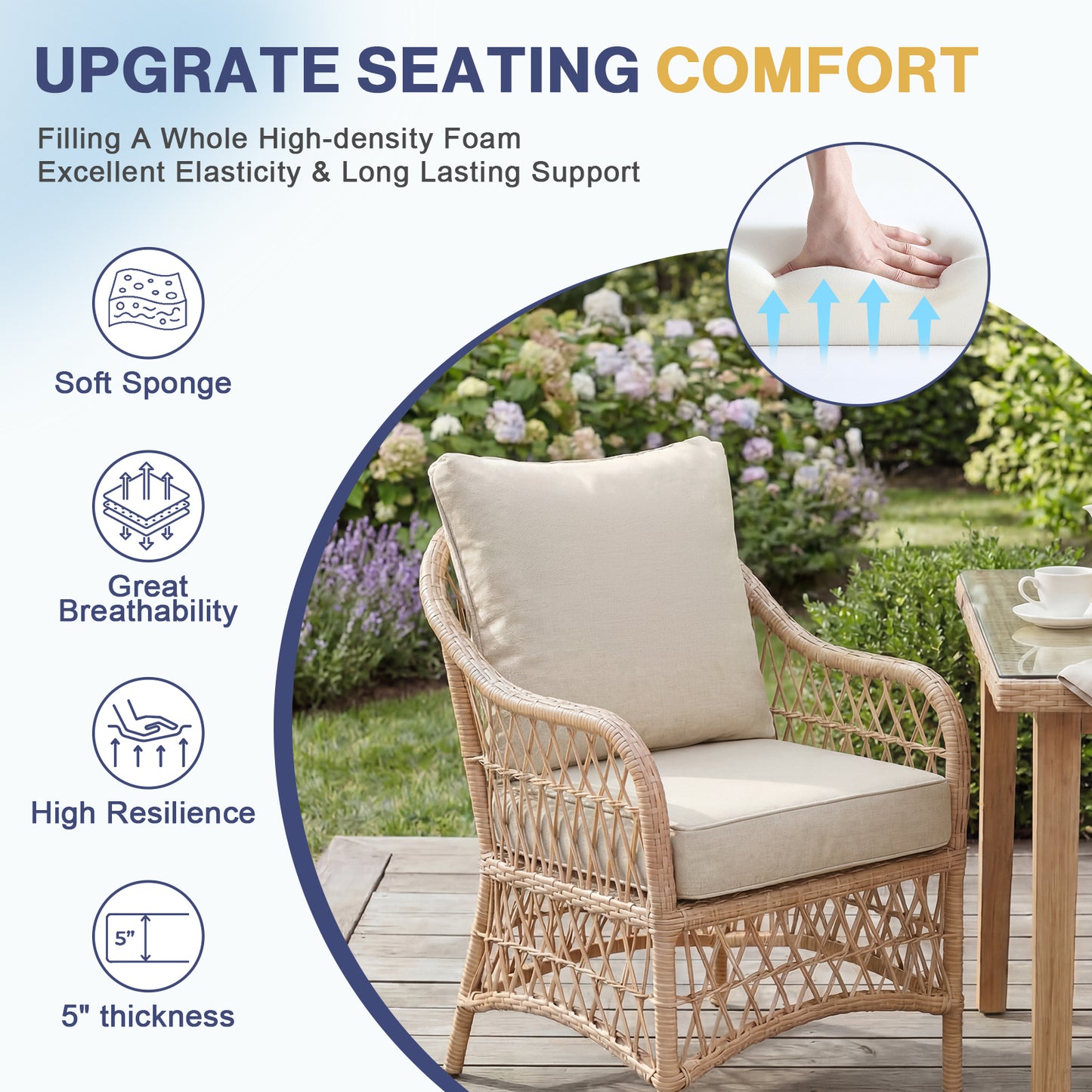 Outdoor Deep Seat Cushion Set, Patio Chair Back & Seat Cushions, Cream Beige