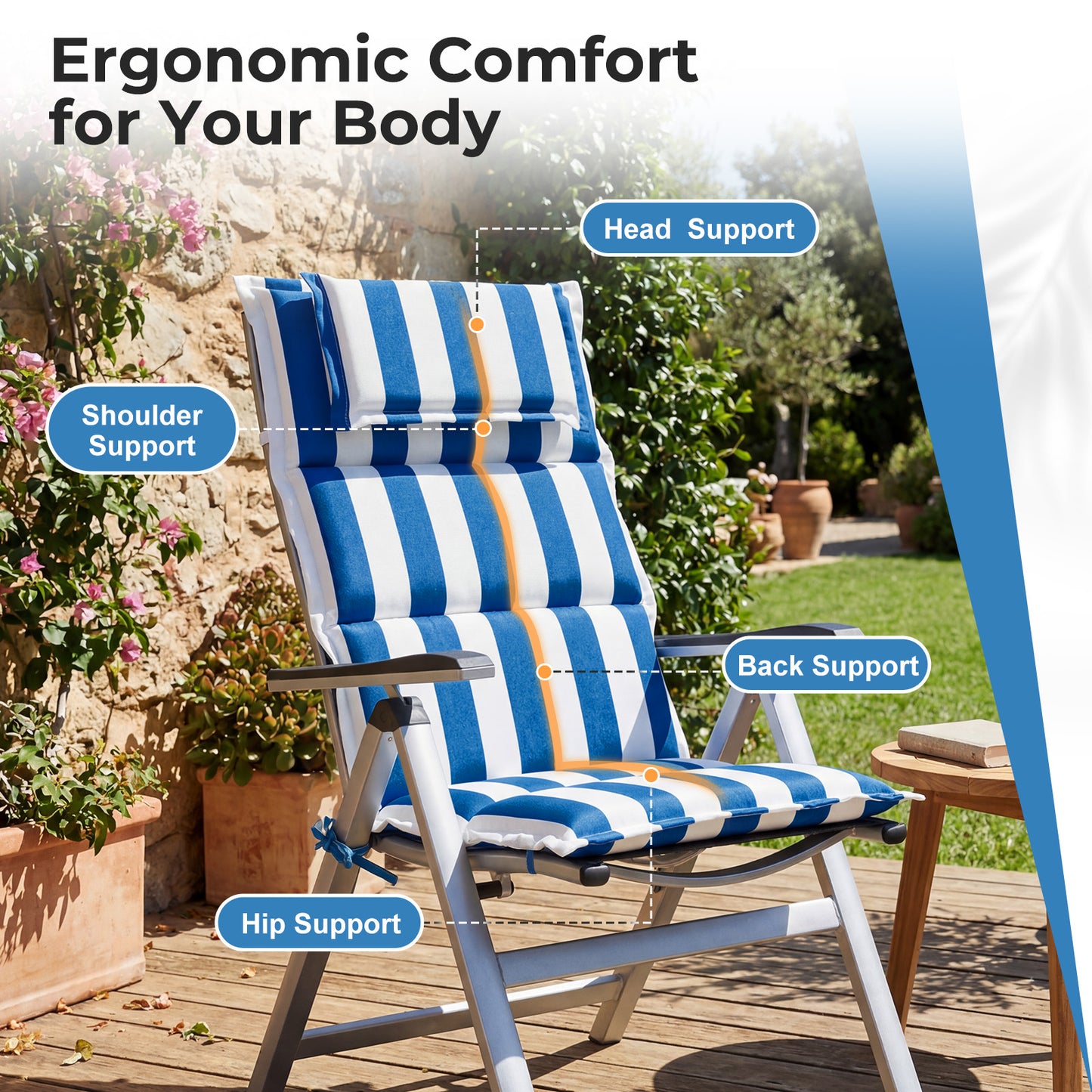 47x21x2.4 inch High Back Patio Chair Cushions with Headrest, Multi-Section, Blue Stripe