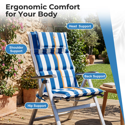 47x21x2.4 inch High Back Patio Chair Cushions with Headrest, Multi-Section, Blue Stripe