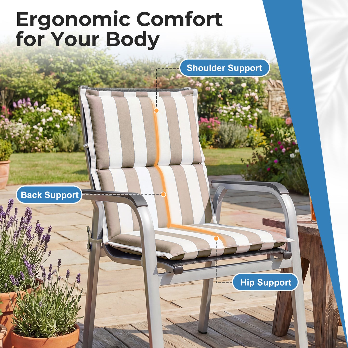 39x20x2.4 inch Outdoor Chair Cushions, Three-Section, Beige Stripe