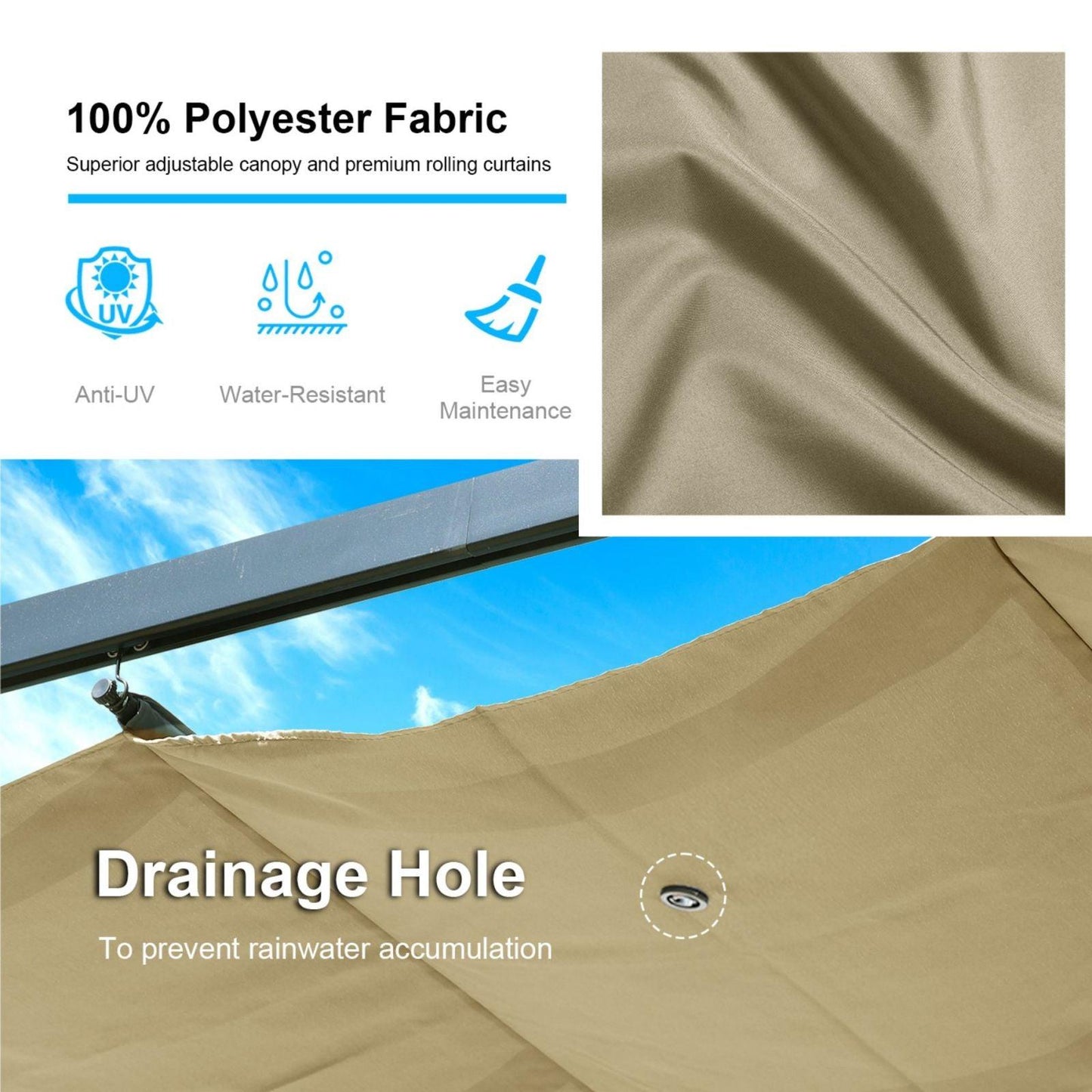 16x12 ft. Outdoor Pergola with Retractable Shade Canopy, Aluminum Frame, Roller Shade Curtain - Aoodor 