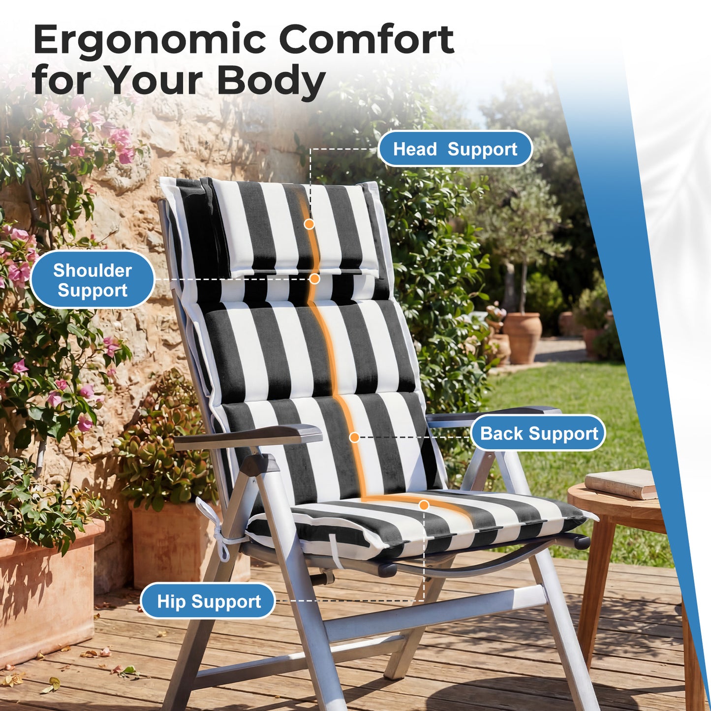 47x21x2.4 inch High Back Patio Chair Cushions with Headrest, Black Stripe