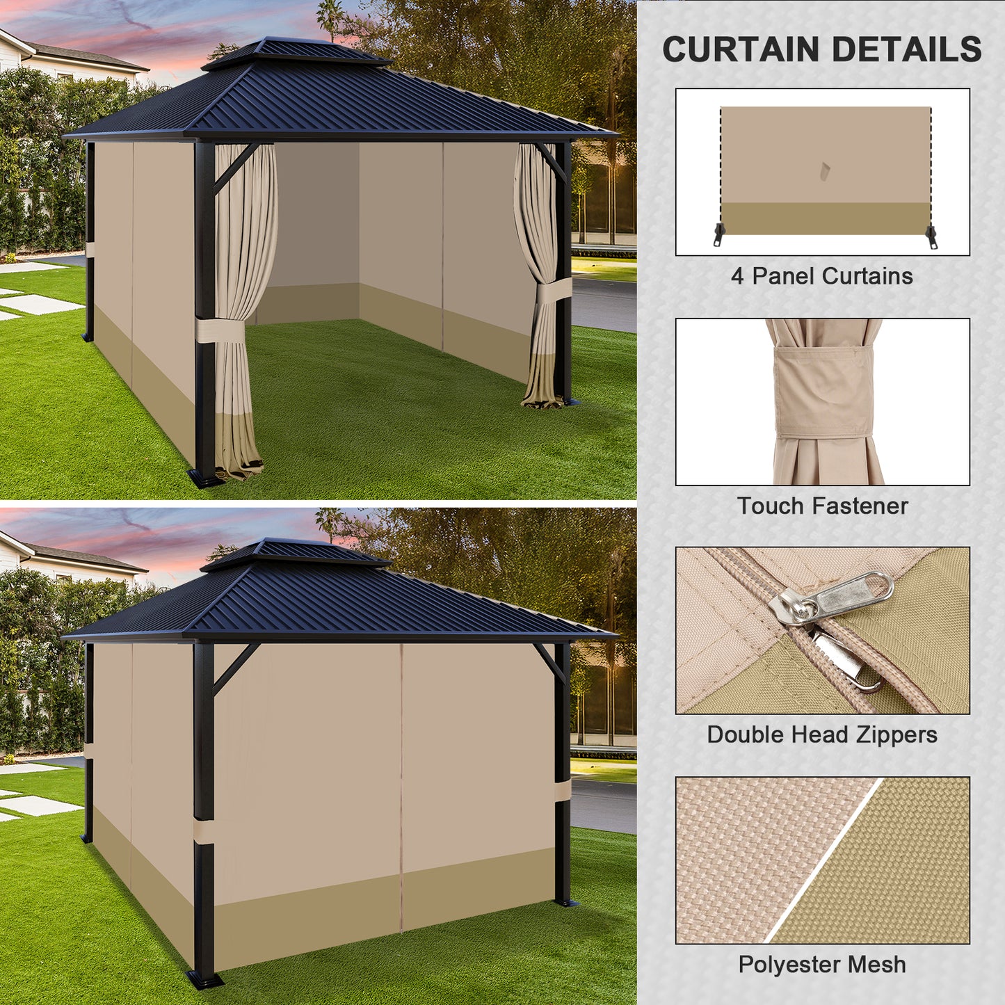 Outdoor Gazebo Curtains, 4 Panels Privacy Sidewall Replacement (Curtain Only) - Sand Yellow and Khaki - Aoodor 