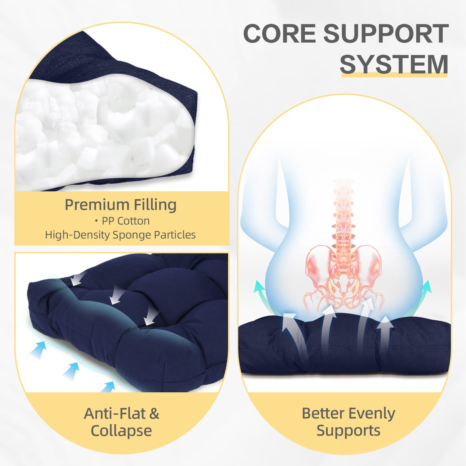 Outdoor High Back Tufted Adirondack Chair Cushion, Patio Rocking Chair Cushions with Ties, Set of 2, Dark Blue - Aoodor 