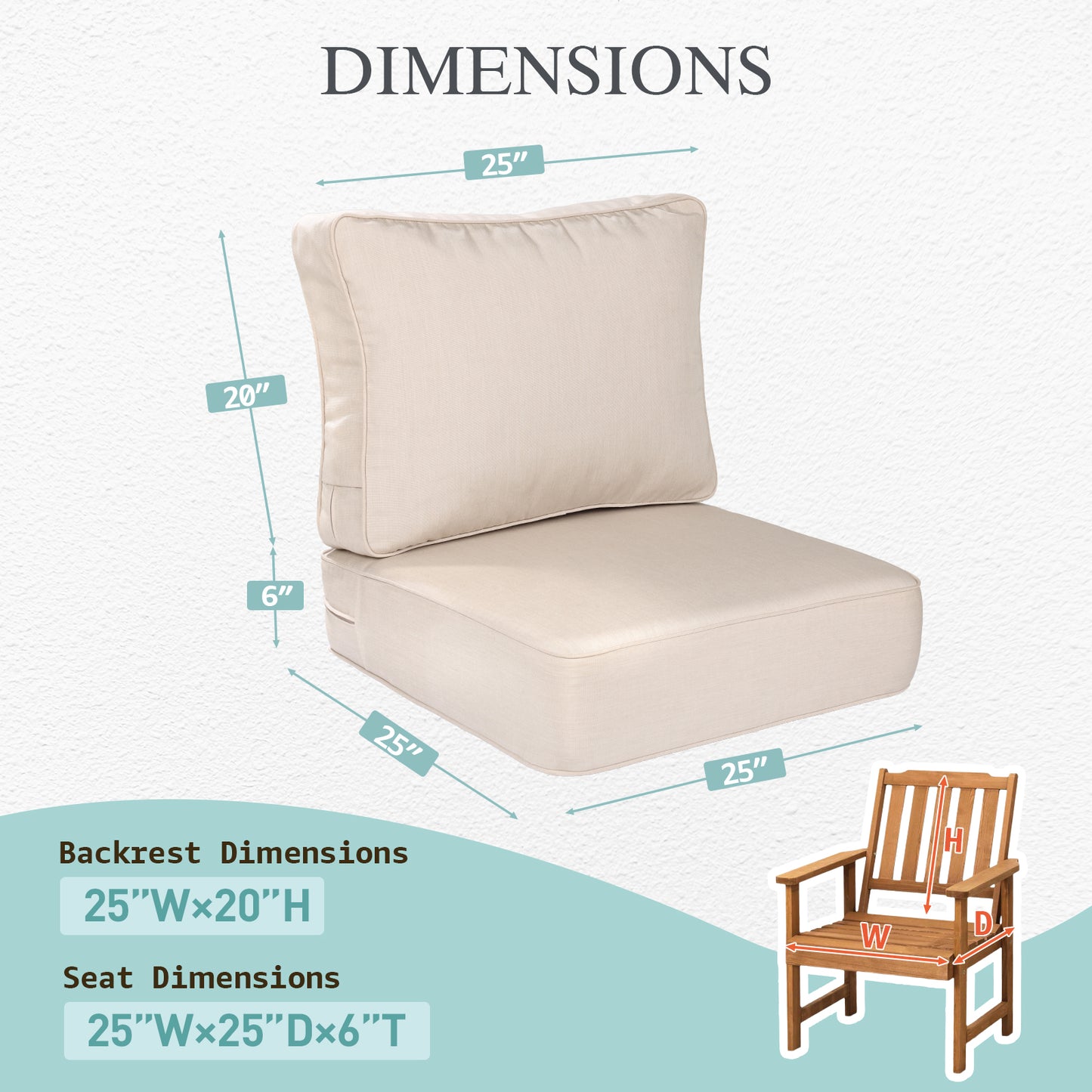 Premium Sunbrella Fabric Outdoor Patio Chair Cushions Set, Canvas Flax