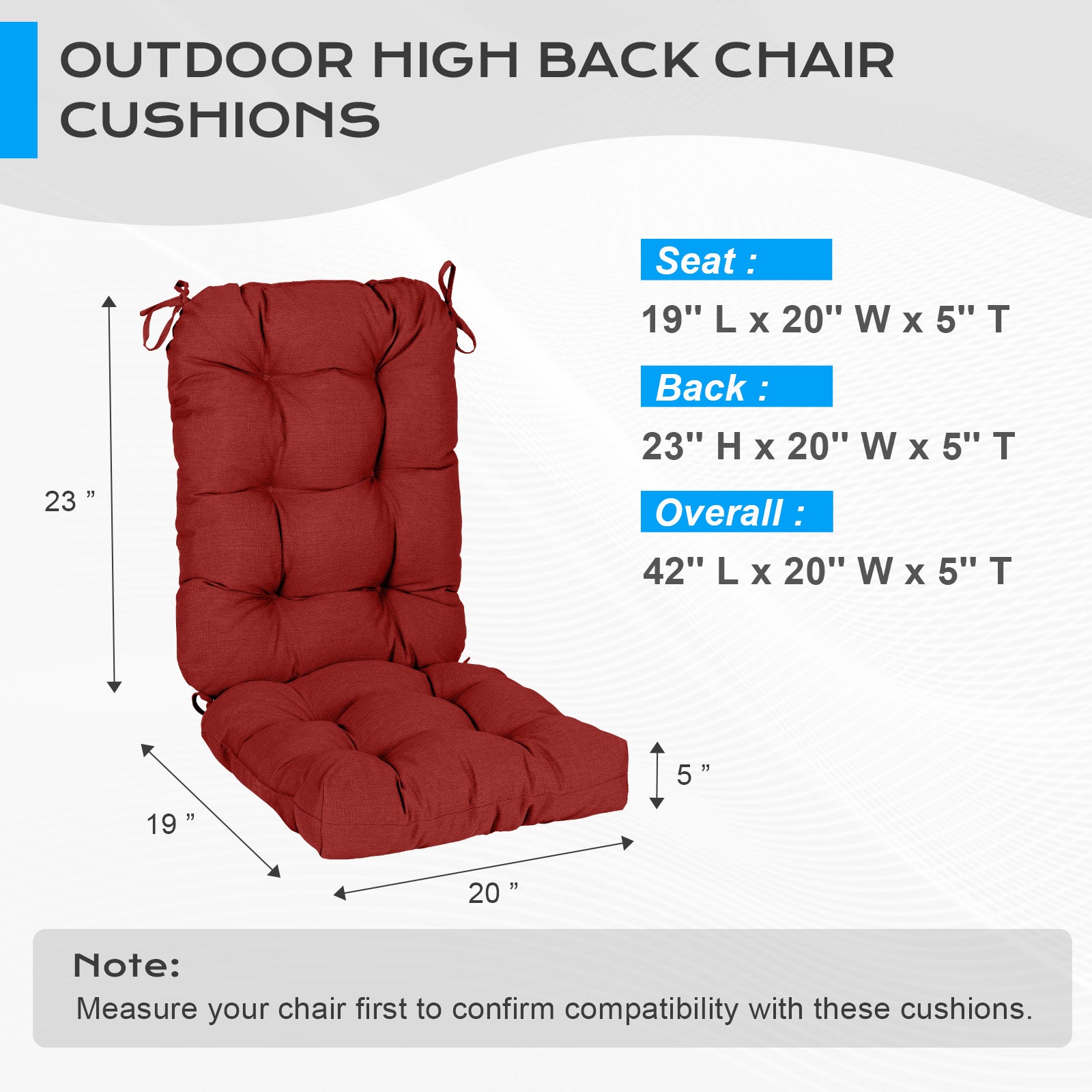 Tufted Outdoor High Back Chair Cushions Patio Replacement Cushion, Red - Aoodor 