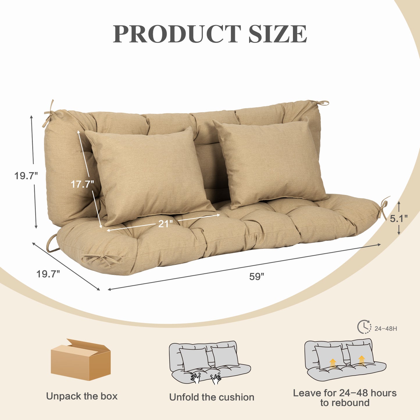 59" Tufted Porch Swing Cushions, Extra 5.1" Thick Outdoor Swing Bench Replacement Cushion with Backrest and 2 Pillows - Brown - Aoodor 