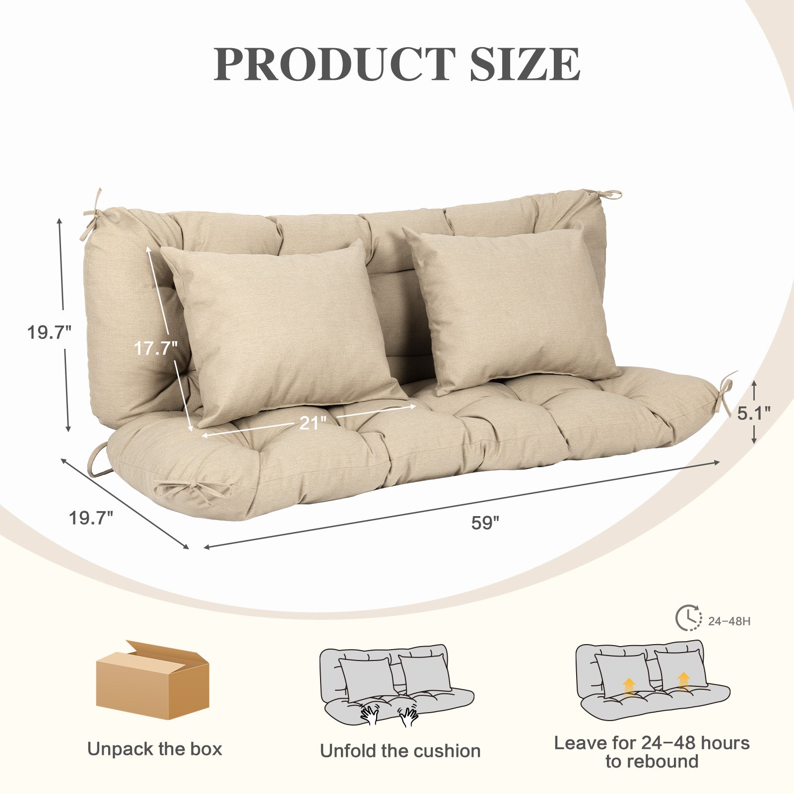 59" Tufted Porch Swing Cushions, Extra 5.1" Thick Outdoor Swing Bench Replacement Cushion with Backrest and 2 Pillows - Khaki - Aoodor 