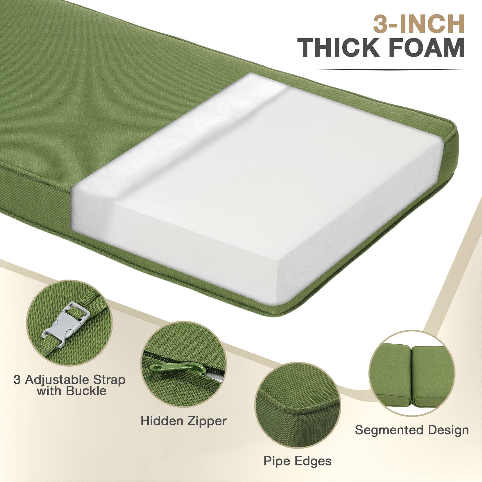 72x21x3 inch Patio Chaise Lounger Cushions Set of 2 - Green - Aoodor 