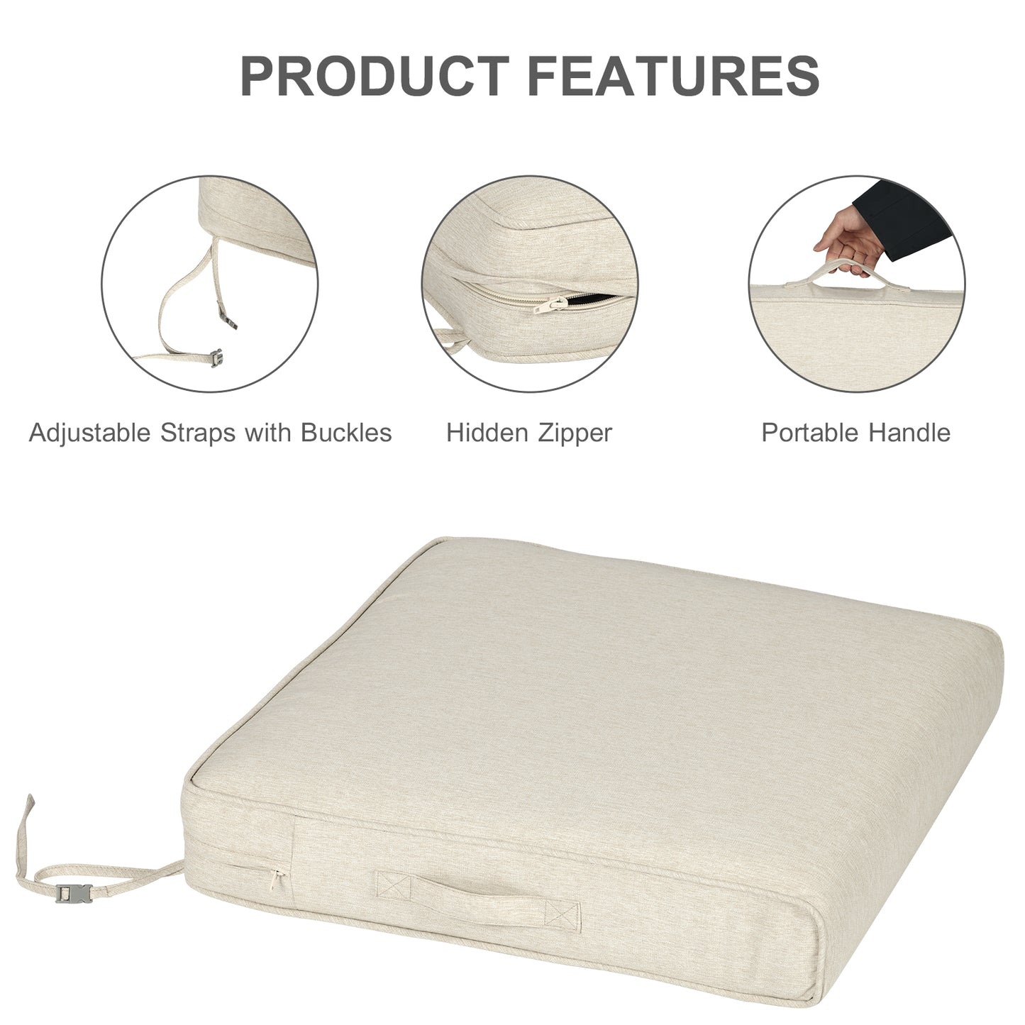 Outdoor Chair Cushions Set of 2 with Handle and Ties, Water Resistant Patio Seat Pads, Khaki
