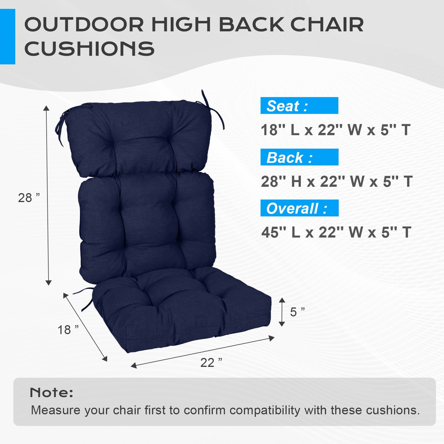 Tufted Outdoor High Back Chair Cushions Patio Rocking Pads for Furniture, Dark Blue - Aoodor 