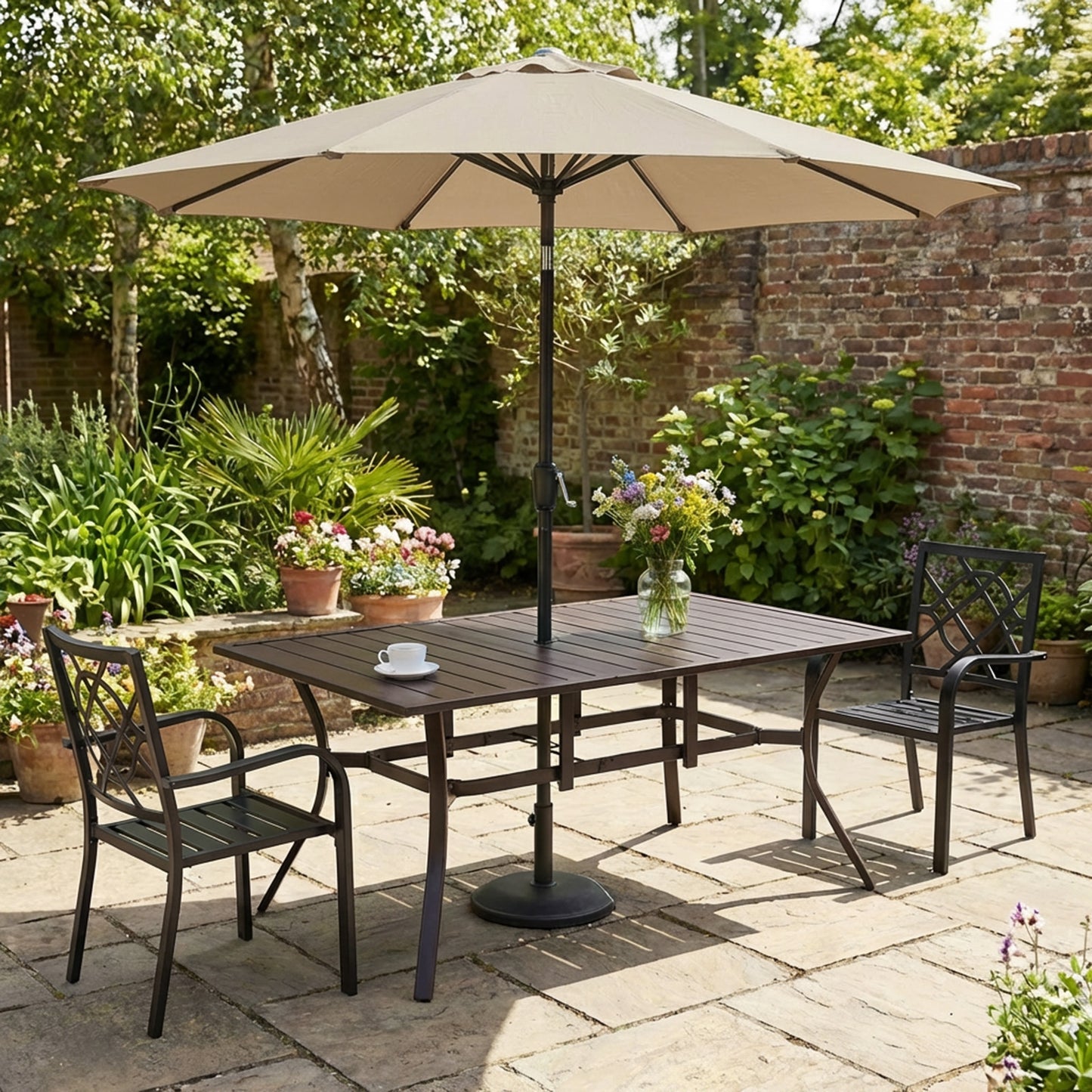 Patio Dining Table for 6, 83 inch Rectangular Metal Outdoor Patio Table with Umbrella Hole