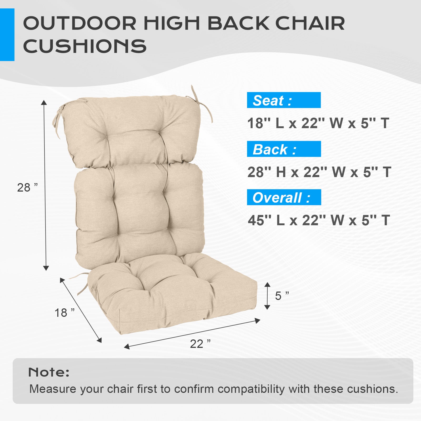 Tufted Outdoor High Back Chair Cushions Patio Rocking Pads for Furniture, Khaki - Aoodor 