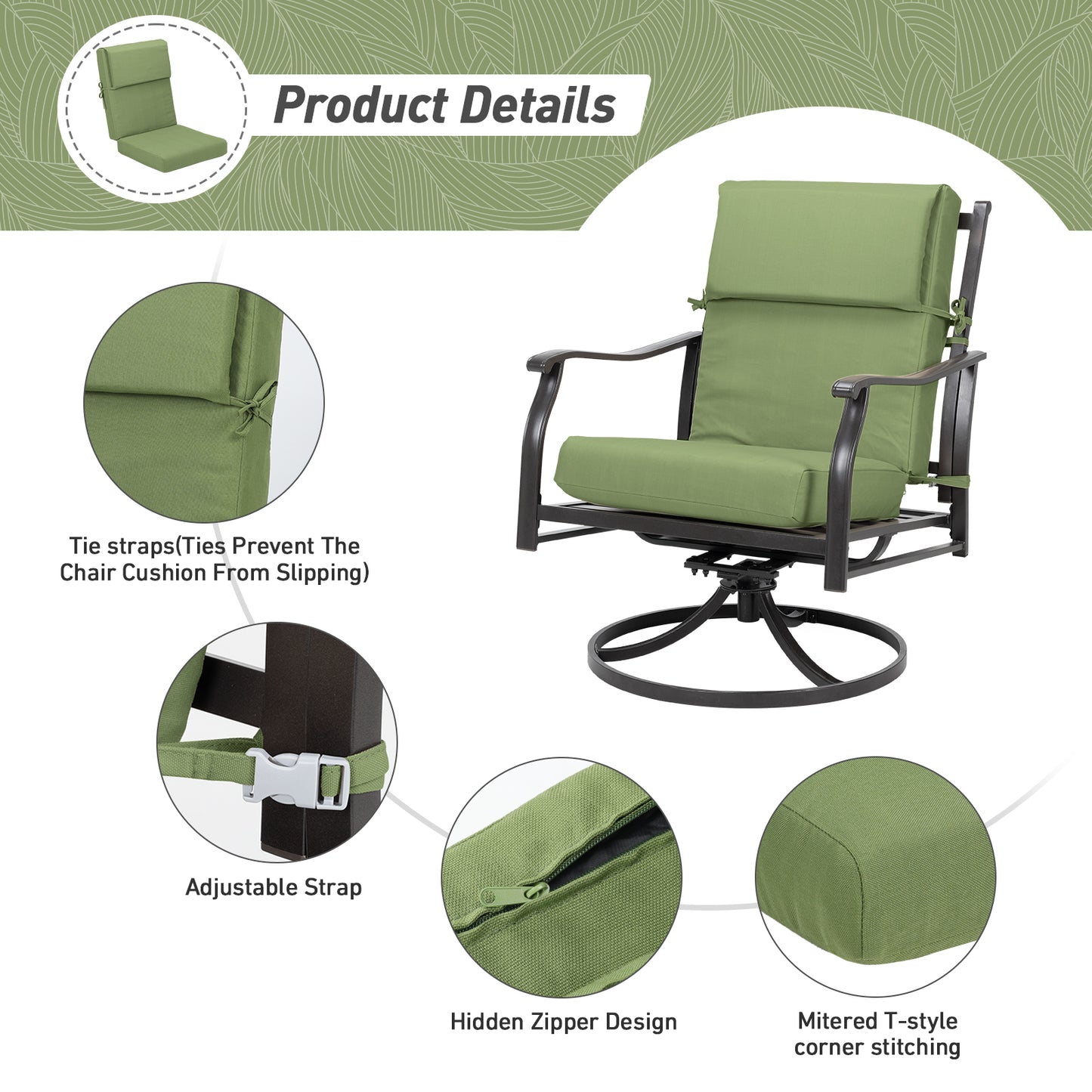 45x22x4 inch Outdoor High Back Patio Chair Cushions, Green