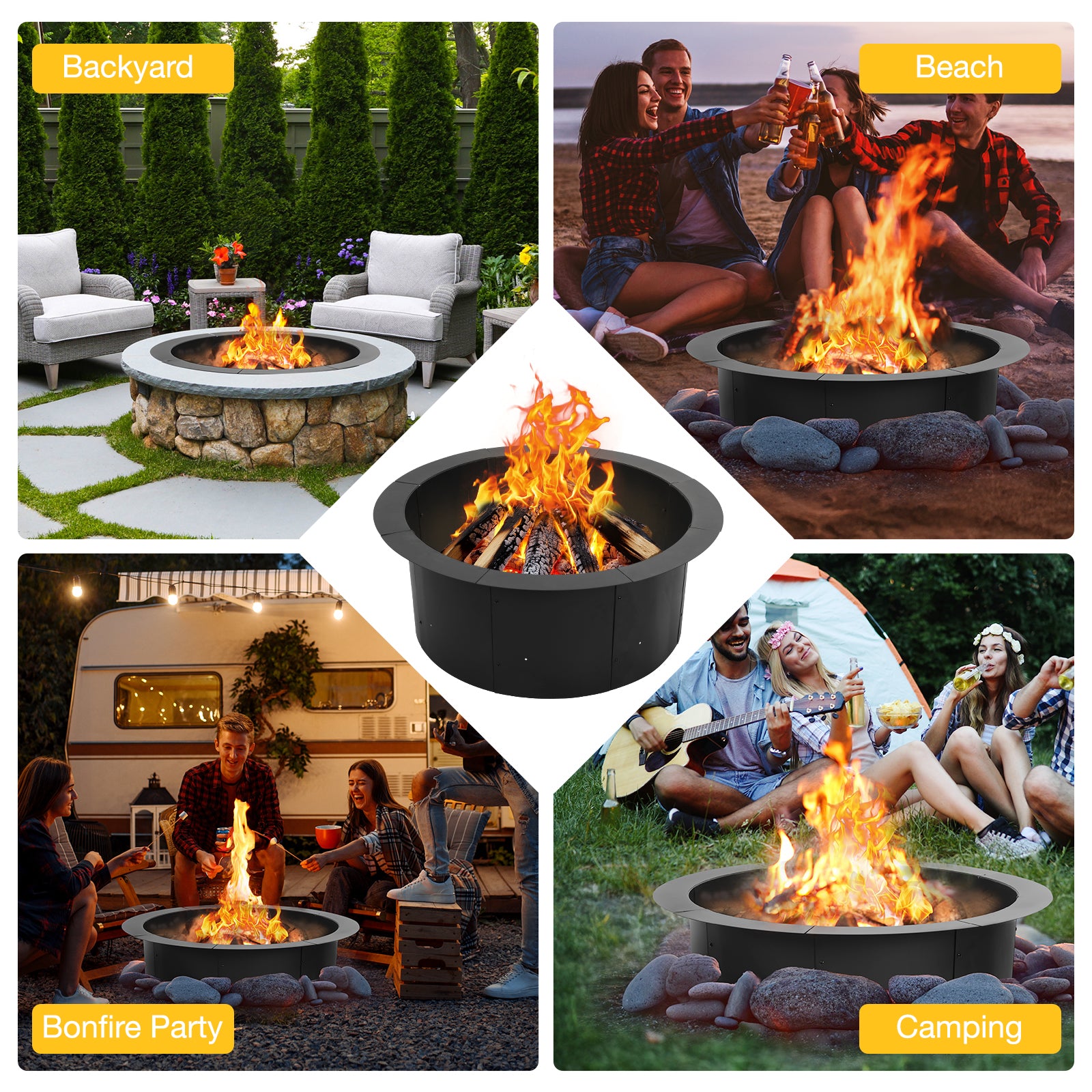 36 inch Metal Fire Pit Ring, Large Portable Outdoor Firepit - Aoodor 