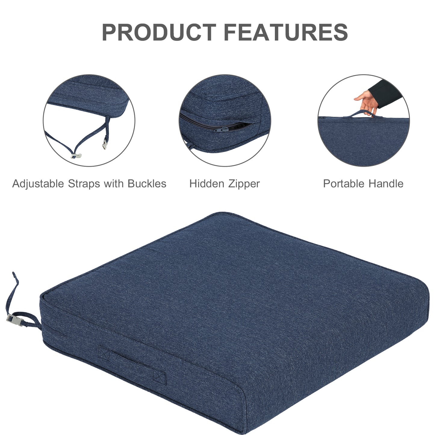 Outdoor Chair Cushions Set of 2 with Handle and Ties, Water Resistant Patio Seat Pads, Navy Blue