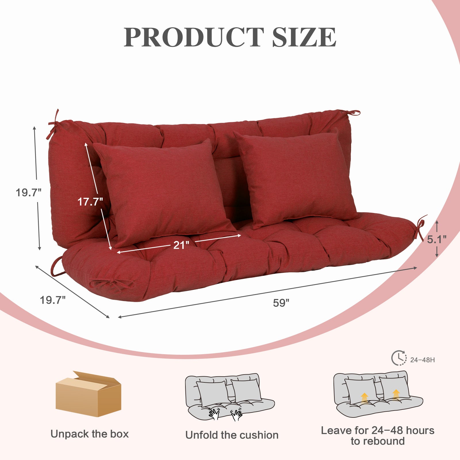 59" Tufted Porch Swing Cushions, Extra 5.1" Thick Outdoor Swing Bench Replacement Cushion with Backrest and 2 Pillows - Red - Aoodor 