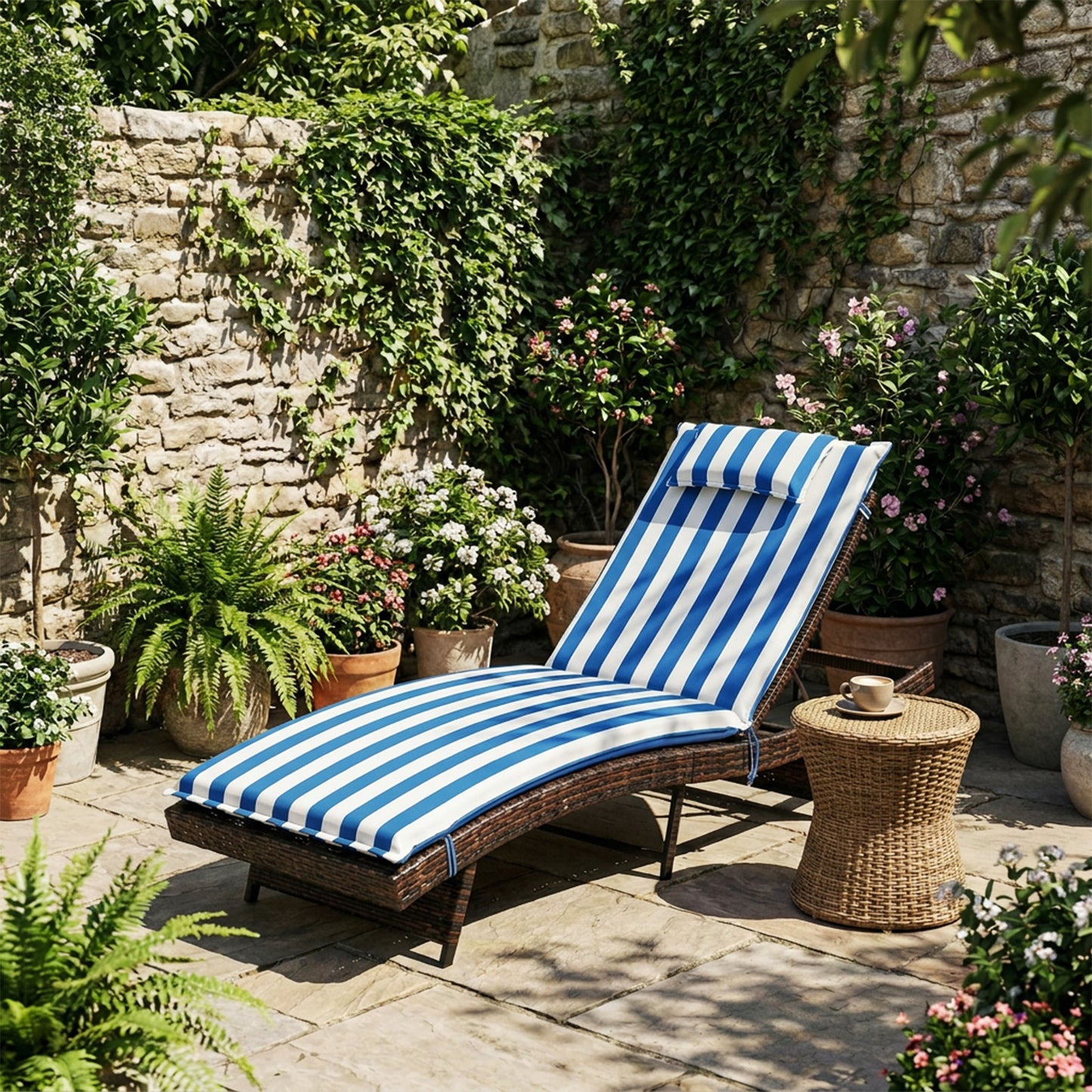 79x25x3 inch Outdoor Lounge Chair Cushion with Headrest, Blue Stripe