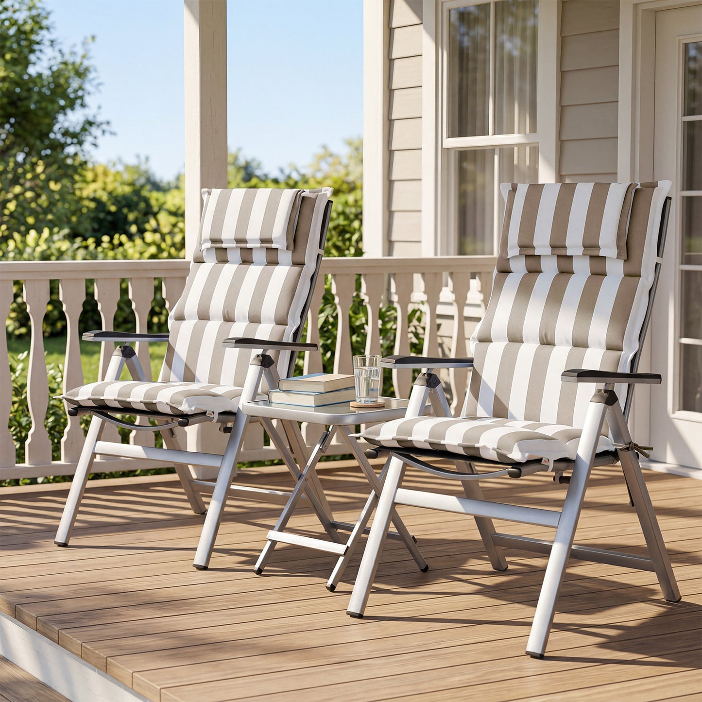 47x21x2.4 inch High Back Patio Chair Cushions with Headrest, Multi-Section, Beige Stripe