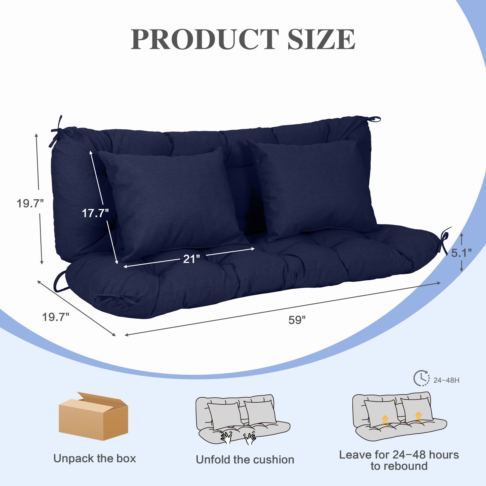 59" Tufted Porch Swing Cushions, Extra 5.1" Thick Outdoor Swing Bench Replacement Cushion with Backrest and 2 Pillows - Dark Blue - Aoodor 