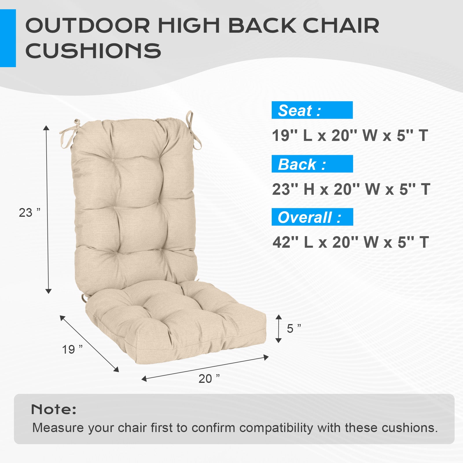 Tufted Outdoor High Back Chair Cushions Patio Replacement Cushion, Khaki - Aoodor 