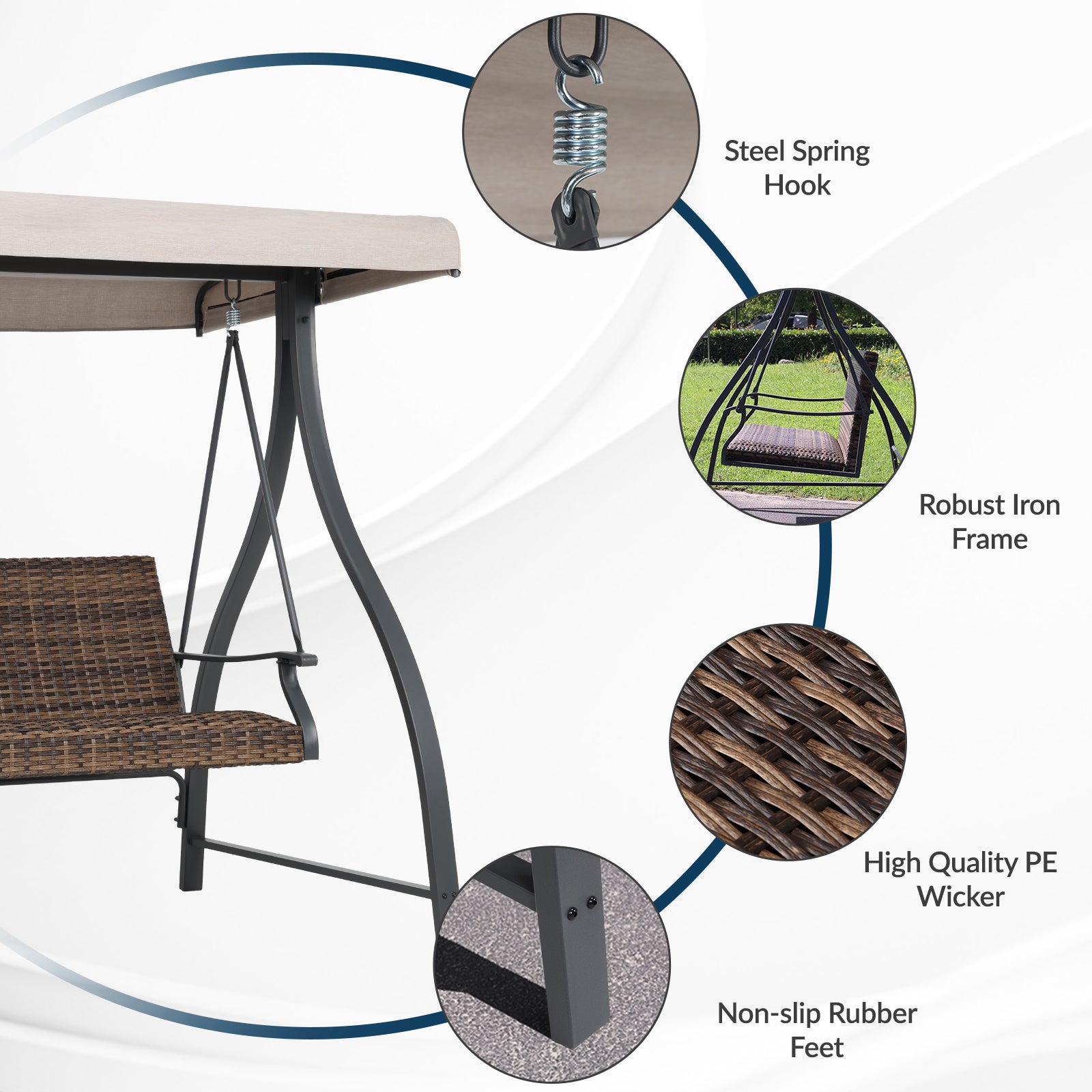 3-Seat Outdoor Rattan Patio Swing with Adjustable Canopy - Aoodor 