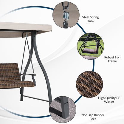 3-Seat Outdoor Rattan Patio Swing with Adjustable Canopy - Aoodor 