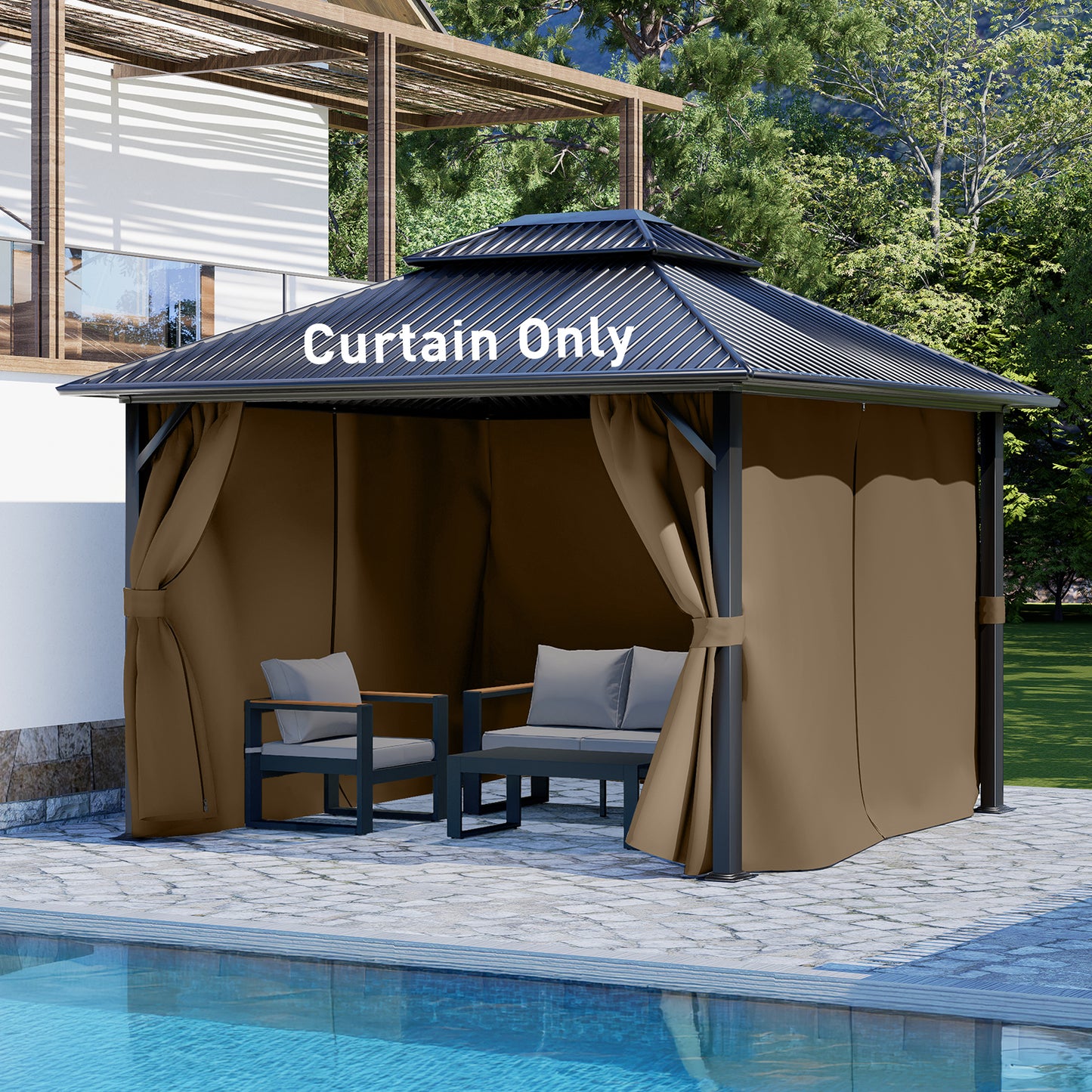 Outdoor Gazebo Curtains, 4 Panels Privacy Sidewall Replacement (Curtain Only) - Light Coffee - Aoodor 