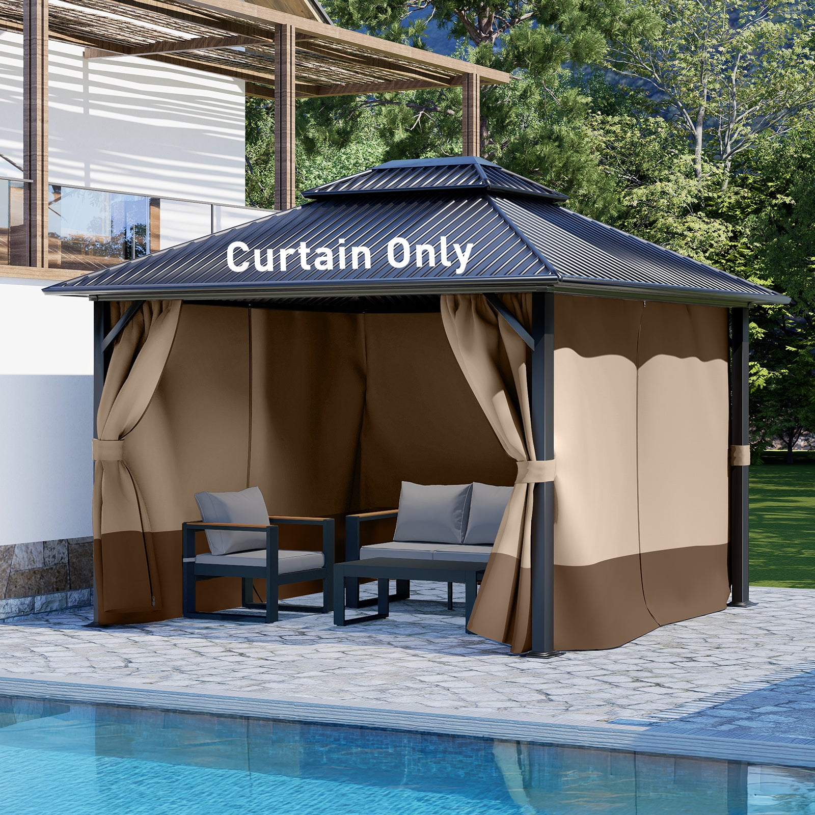 Outdoor Gazebo Curtains, 4 Panels Privacy Sidewall Replacement (Curtain Only) - Sand Yellow and Brown - Aoodor 