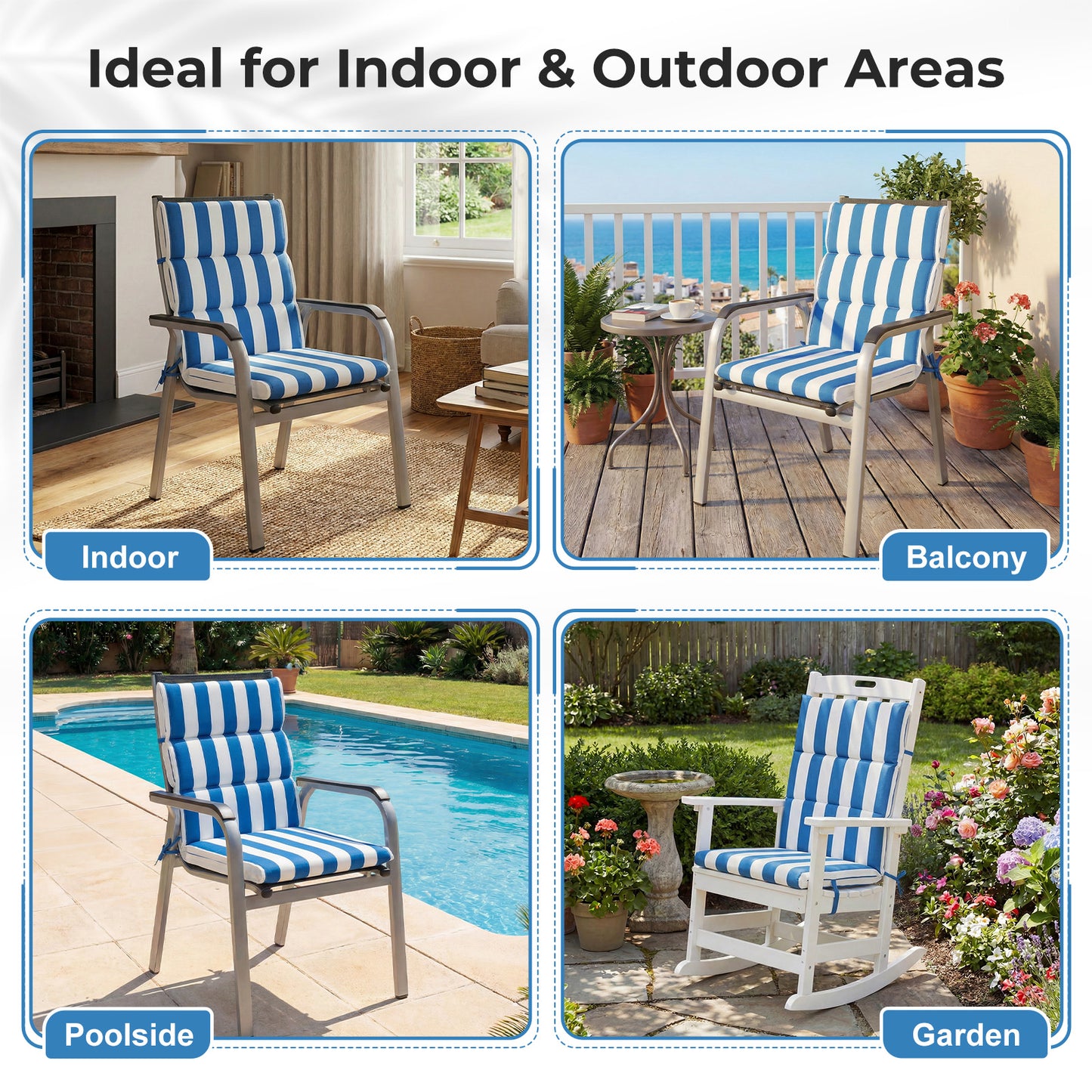 39x20x2.4 inch Outdoor Chair Cushions, Blue Stripe
