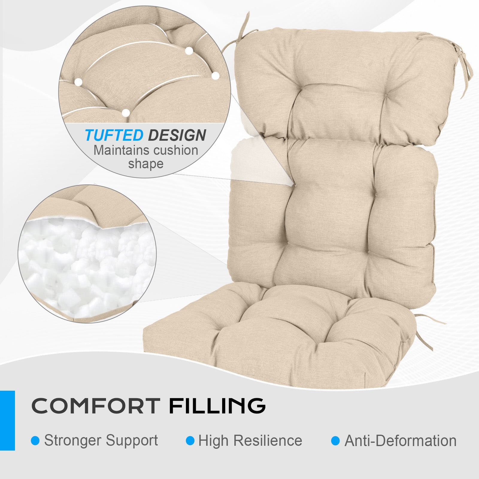 Tufted Outdoor High Back Chair Cushions Patio Rocking Pads for Furniture, Khaki - Aoodor 