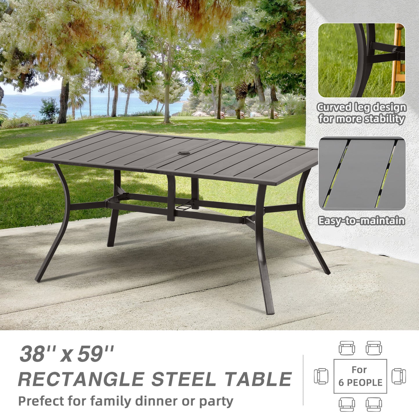 59x38 inch Patio Dining Table for 6 People, Metal Outdoor Table with Adjustable Umbrella Hole - Aoodor 