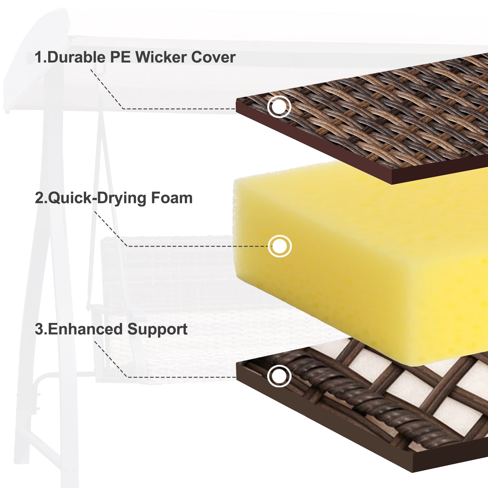 3-Seat Outdoor Rattan Patio Swing with Adjustable Canopy - Aoodor 