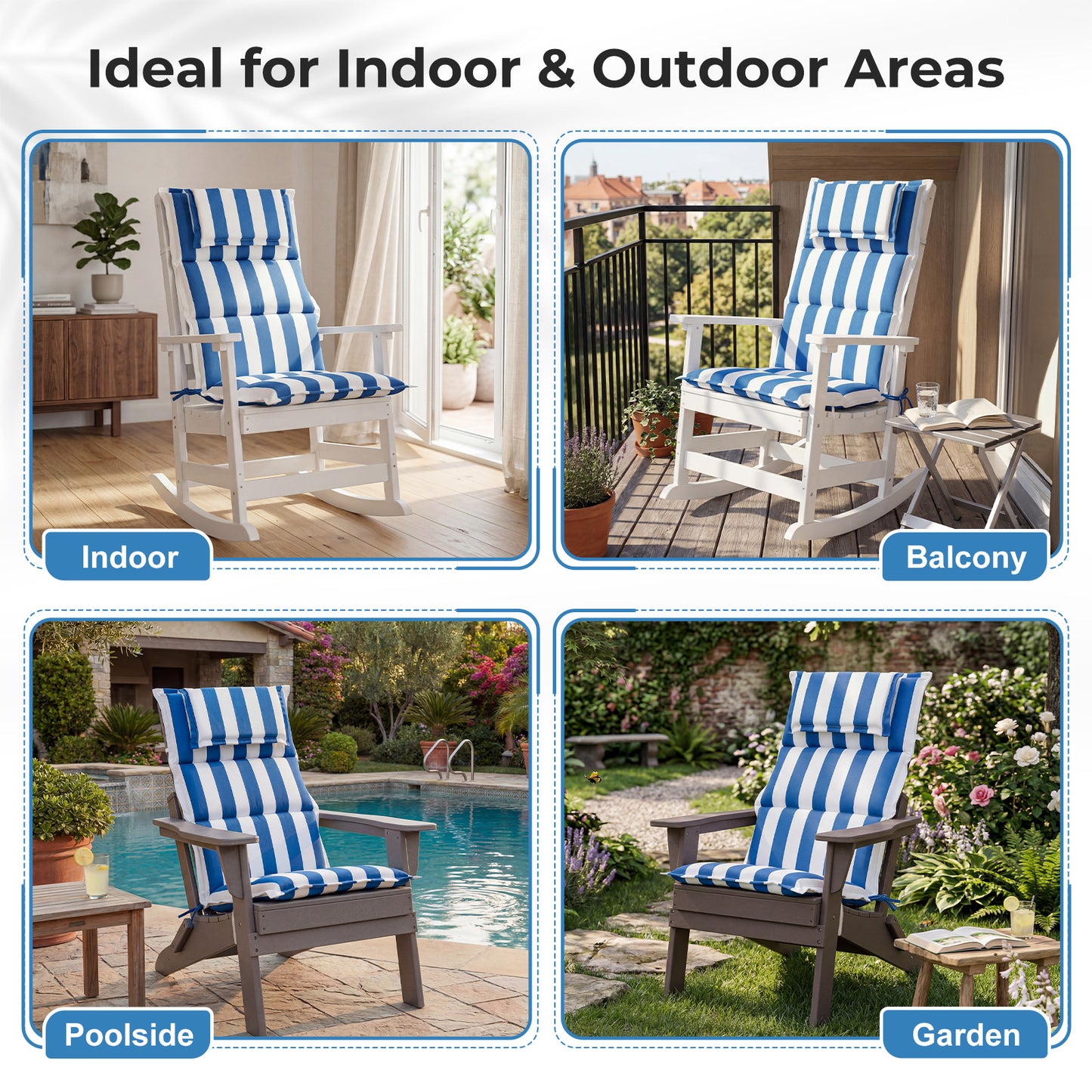47x21x2.4 inch High Back Patio Chair Cushions with Headrest, Multi-Section, Blue Stripe