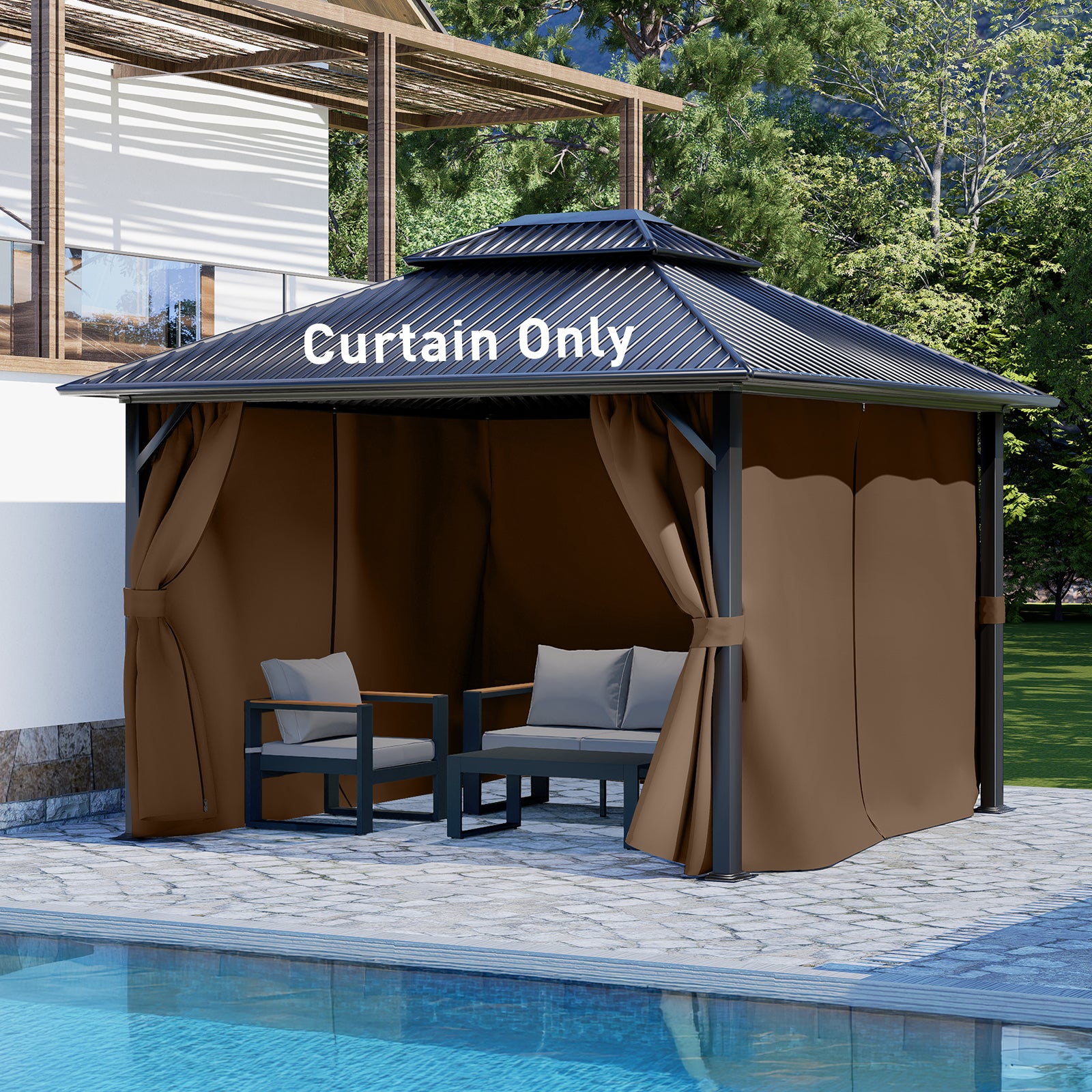 Outdoor Gazebo Curtains, 4 Panels Privacy Sidewall Replacement (Curtain Only) - Brown - Aoodor 