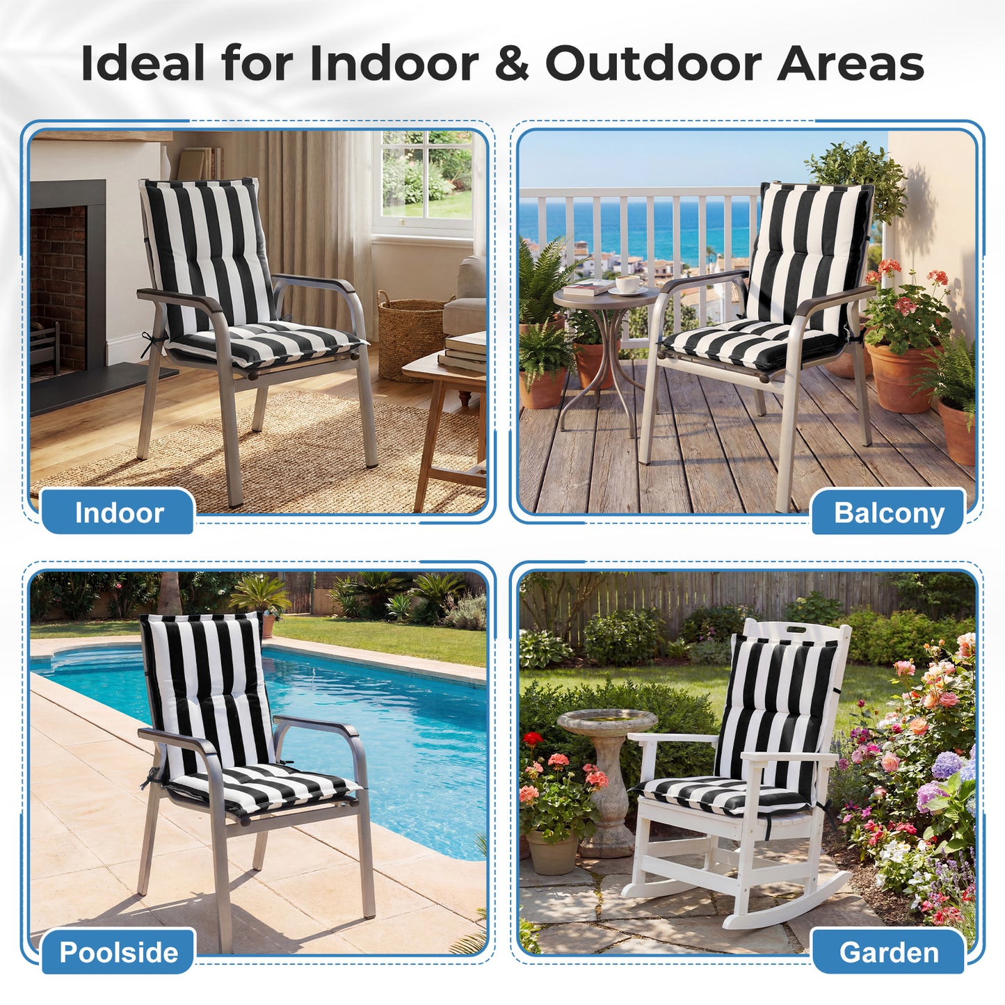 39x20x2.4 inch Outdoor Tufted Chair Cushions, Black Stripe