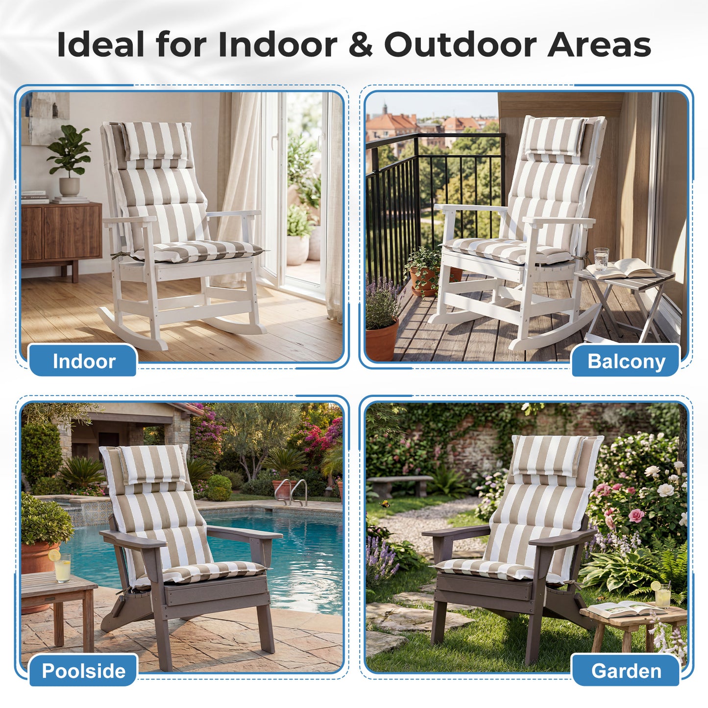 47x21x2.4 inch High Back Patio Chair Cushions with Headrest, Multi-Section, Beige Stripe