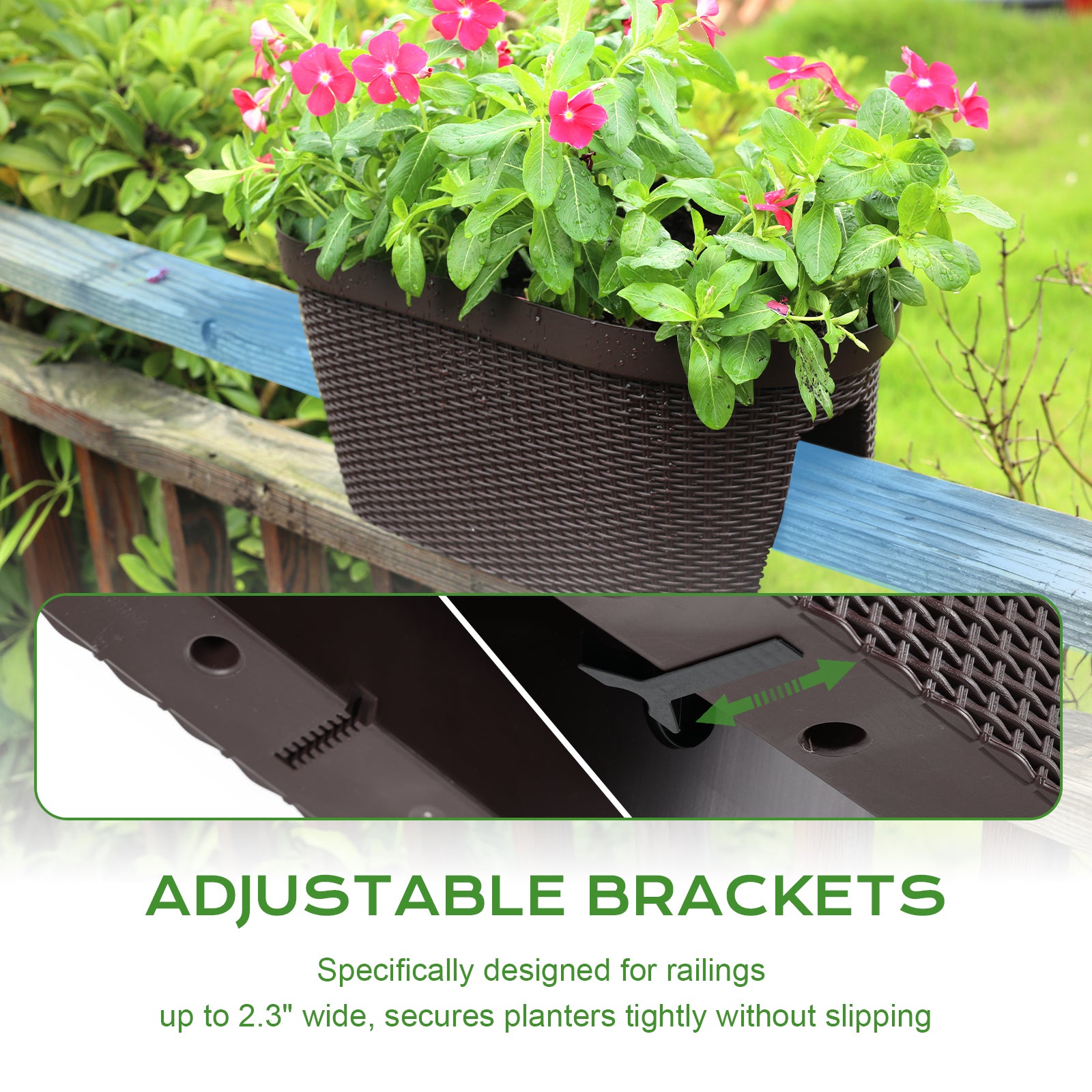 19.6 inch Balcony Rattan Pattern Railing Planter Box with Drainage Holes and Adjustable Brackets - Set of 4 - Aoodor 