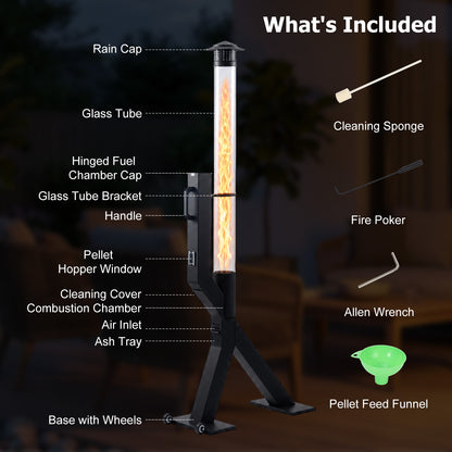 70 inch Wood Pellet Patio Heater, Wood Pellet Fire Tube Stove Portable Pellet Stove with Glass Column, Wheels, Rain Cap and Viewing Window for Porch, Backyard, Garden, and Camping